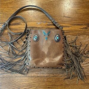 Montana West Brown Crossbody Bag with Fringe and Turquoise Accents - CC